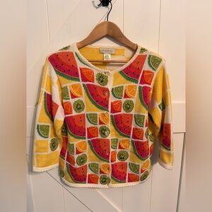 Vintage Susan Bristol Multicolor Fruit Pattern Cardigan Y2K 2001 Beaded Cardigan